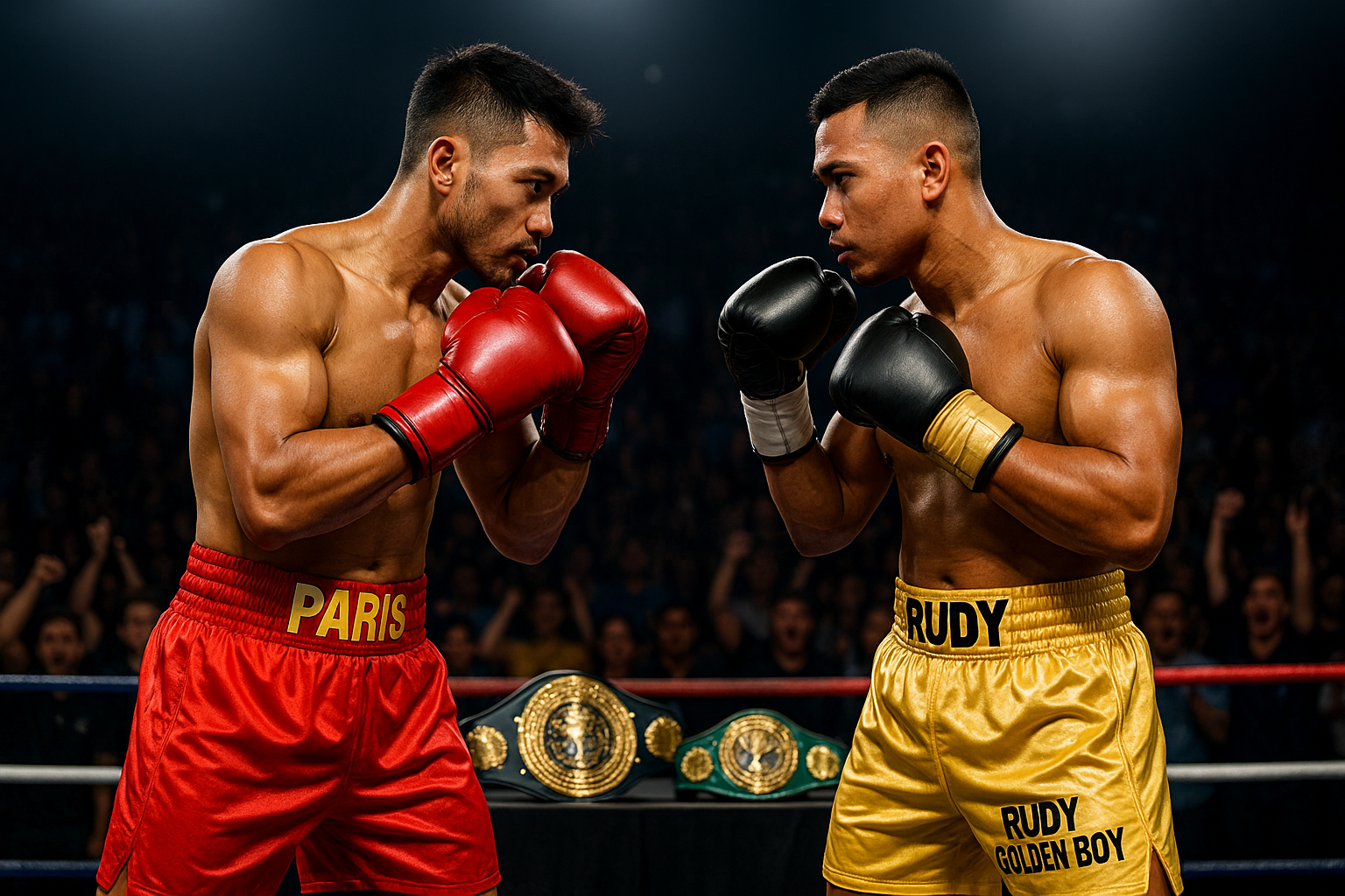 Paris Pernandes dan Rudy Golden Boy bertarung di atas ring memperebutkan dua sabuk emas tahun 2025.