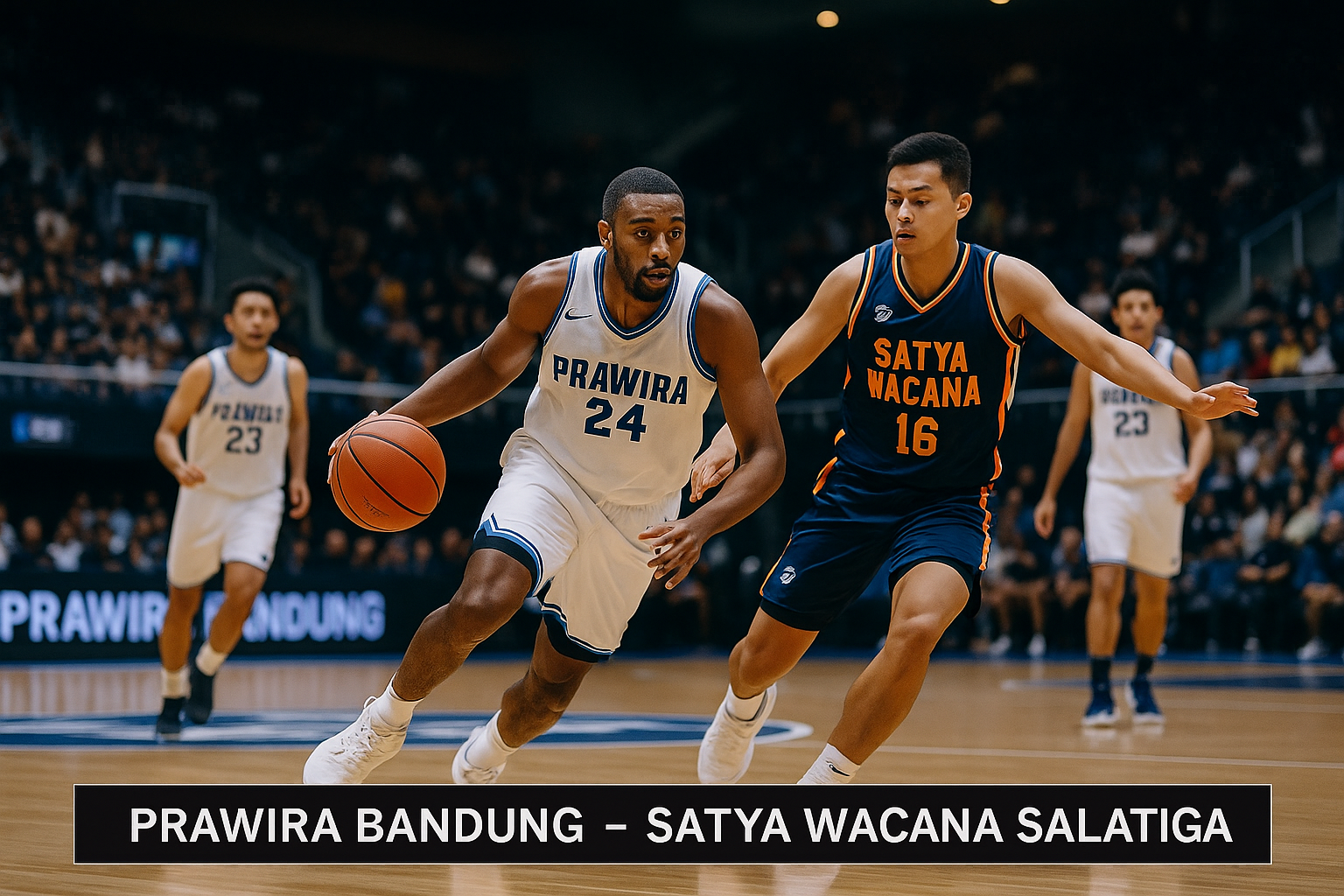 Pertandingan Prawira Bandung melawan Satya Wacana Salatiga di Liga Basket Indonesia 2025, pemain sedang berebut bola di bawah ring dengan suasana arena modern