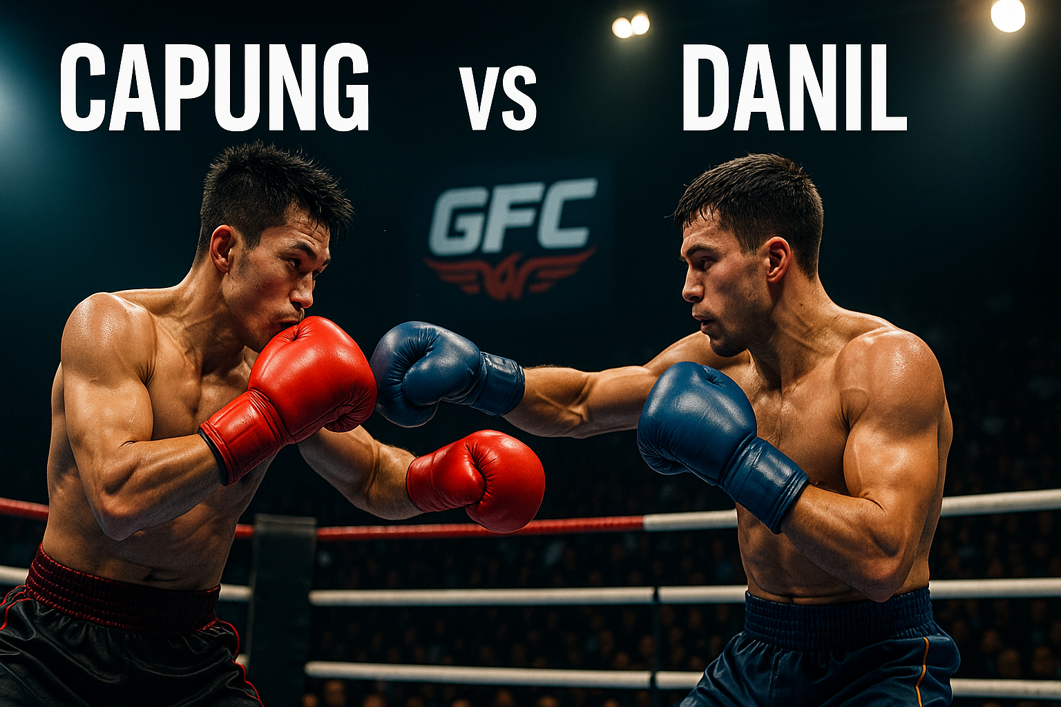 Dua petinju Indonesia, Capung dan Danil, sedang bertarung di atas ring Garuda Fight Championship dengan pencahayaan spotlight dramatis dan penonton bersorak di latar belakang.