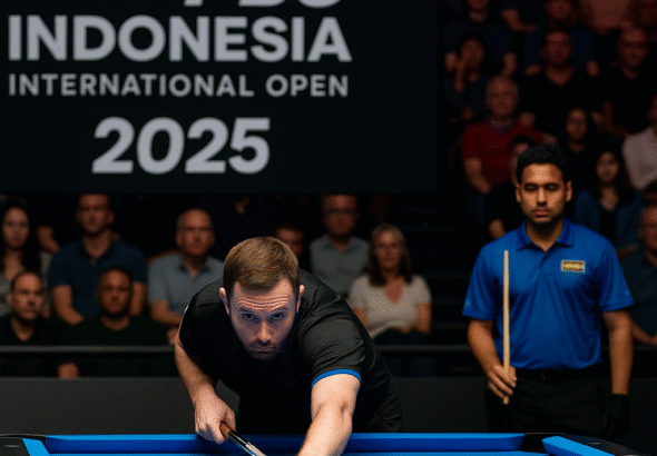 Arena biliar Predator PBC 2025 di Jakarta menampilkan pemain internasional sedang bertanding di meja biliar profesional dengan suasana kompetisi yang megah dan modern