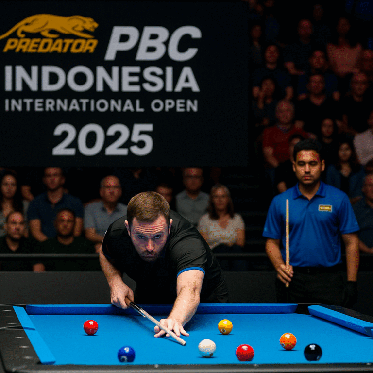 Arena biliar Predator PBC 2025 di Jakarta menampilkan pemain internasional sedang bertanding di meja biliar profesional dengan suasana kompetisi yang megah dan modern