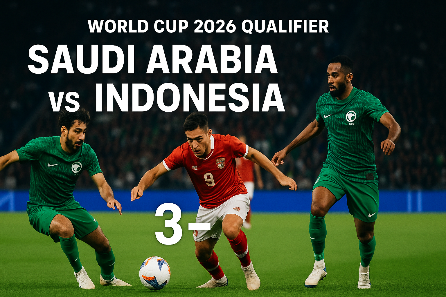Pemain Timnas Indonesia berduel dengan pemain Saudi Arabia di Stadion King Fahd, Riyadh, dalam laga kualifikasi Piala Dunia 2026. Suasana malam penuh sorotan lampu dan penonton menambah atmosfer dramatis pertandingan yang berakhir 3–2 untuk Saudi Arabia.