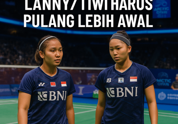 aDua atlet bulu tangkis putri Indonesia, Lanny Tria Mayasari dan Amallia Cahaya Pratiwi, sedang bertanding di lapangan bulu tangkis Arctic Open 2025 di Finlandia dengan nuansa biru es dan atmosfer kompetitif