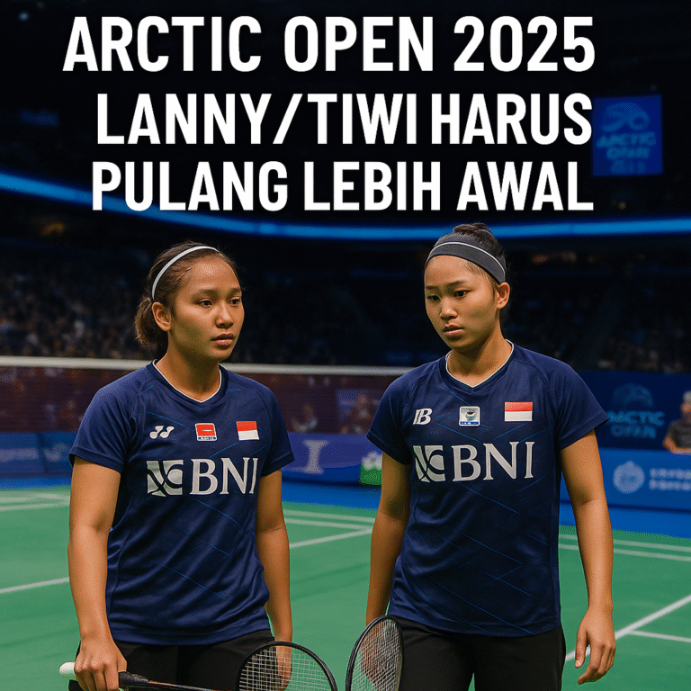 aDua atlet bulu tangkis putri Indonesia, Lanny Tria Mayasari dan Amallia Cahaya Pratiwi, sedang bertanding di lapangan bulu tangkis Arctic Open 2025 di Finlandia dengan nuansa biru es dan atmosfer kompetitif