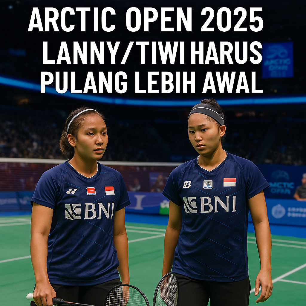 aDua atlet bulu tangkis putri Indonesia, Lanny Tria Mayasari dan Amallia Cahaya Pratiwi, sedang bertanding di lapangan bulu tangkis Arctic Open 2025 di Finlandia dengan nuansa biru es dan atmosfer kompetitif